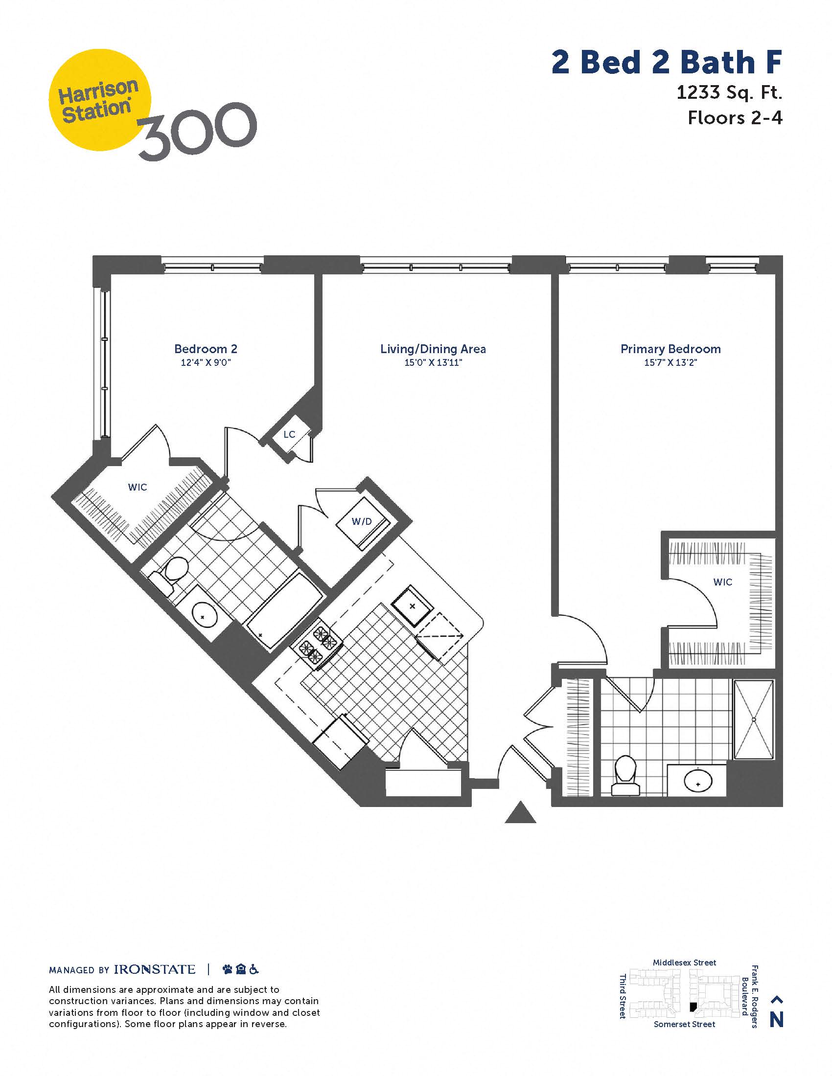 Floor plan for 2 beds, 2 baths, 1233 sqft